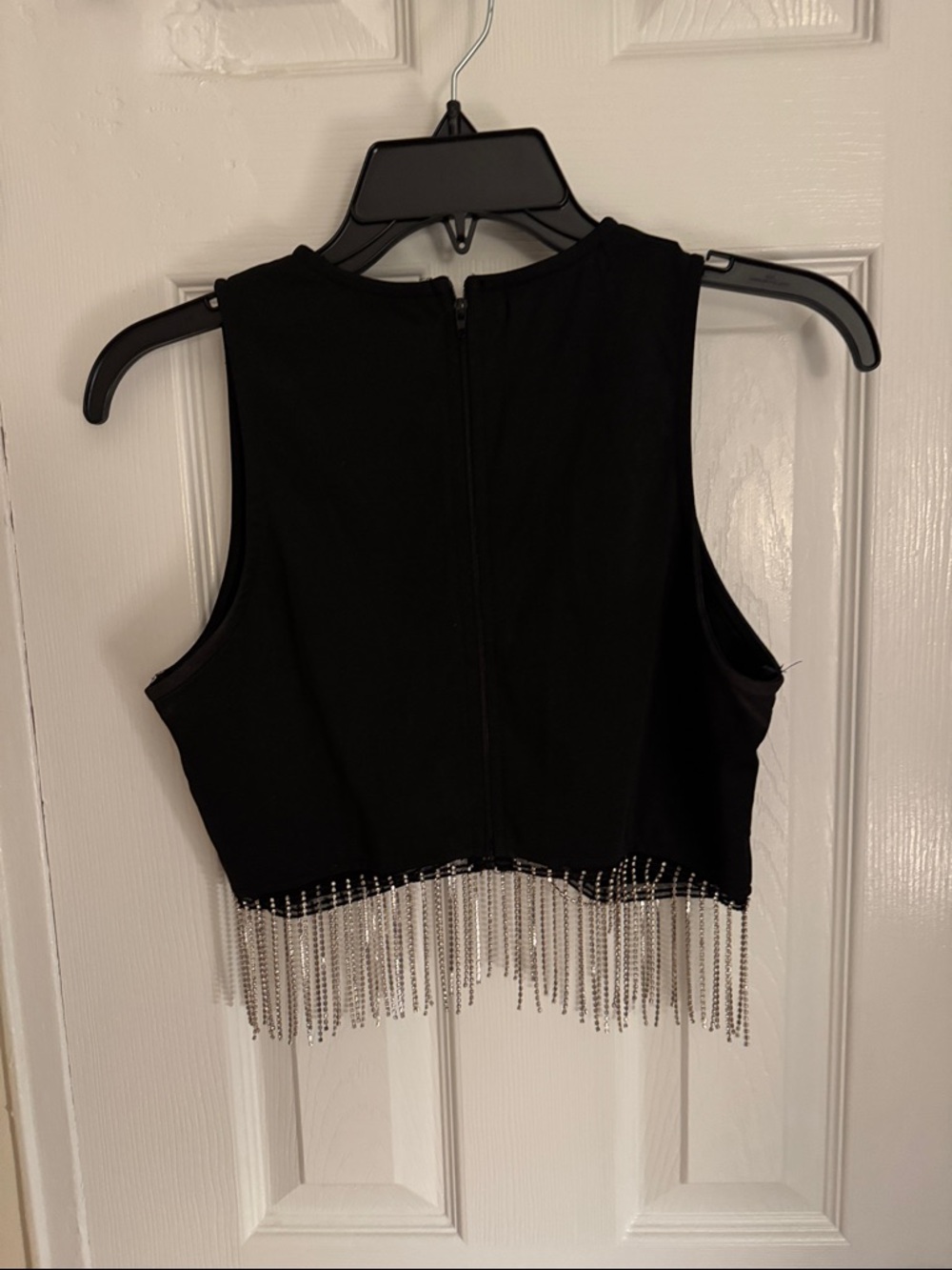 Black Crop Top with Silver Chain Fringe - Sleek Evening Layer